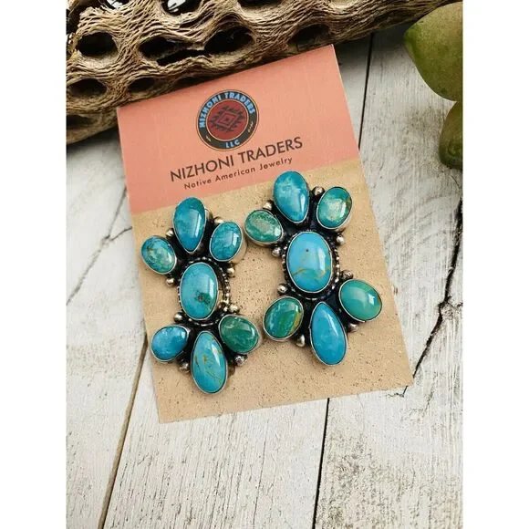 Navajo Sterling Silver & Royston Turquoise Cluster Post Earrings Signed - Picture 4 of 7